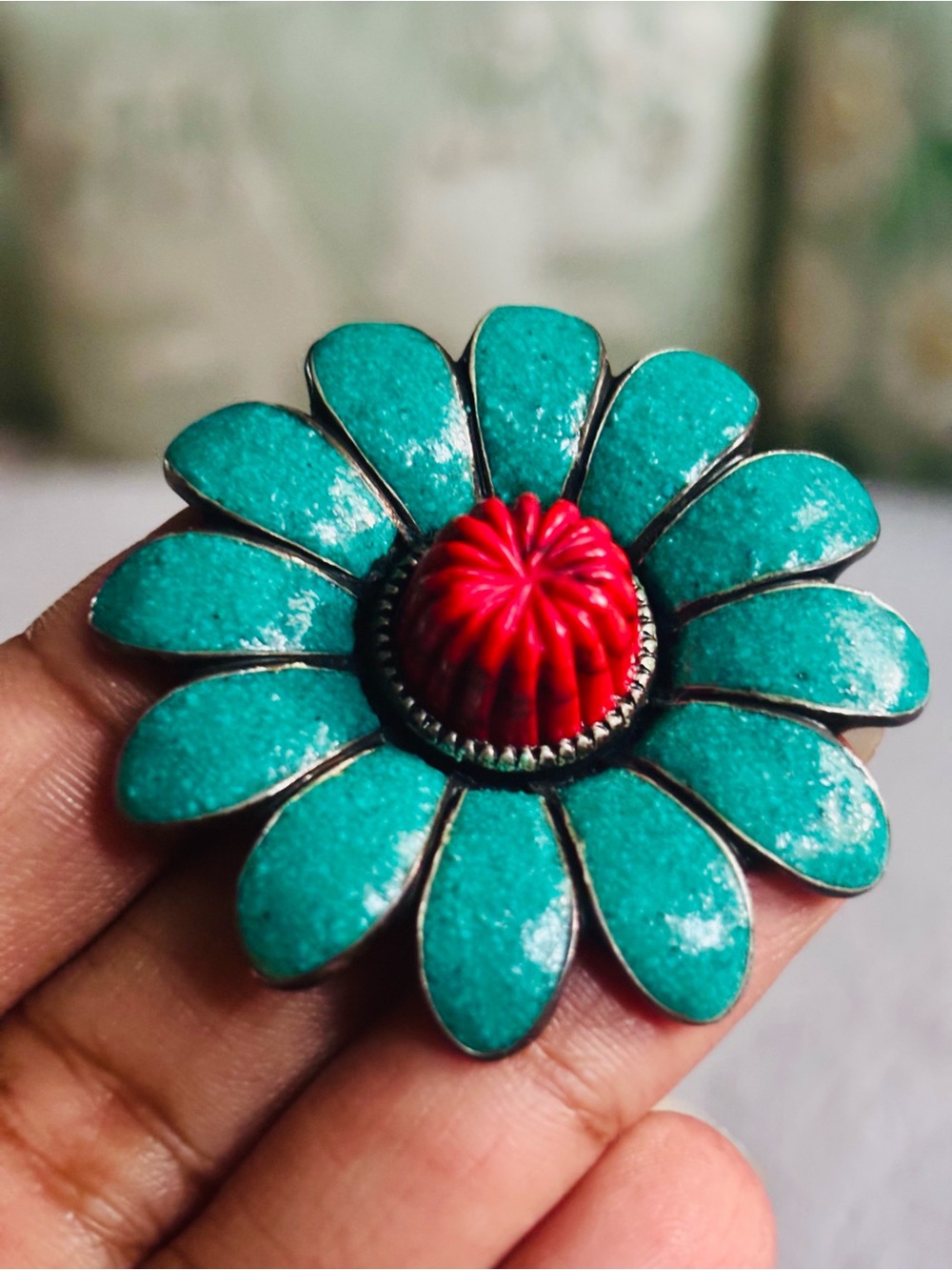 Vintage Turquoise Petal Flower Pin with Red Center - Women Accessories